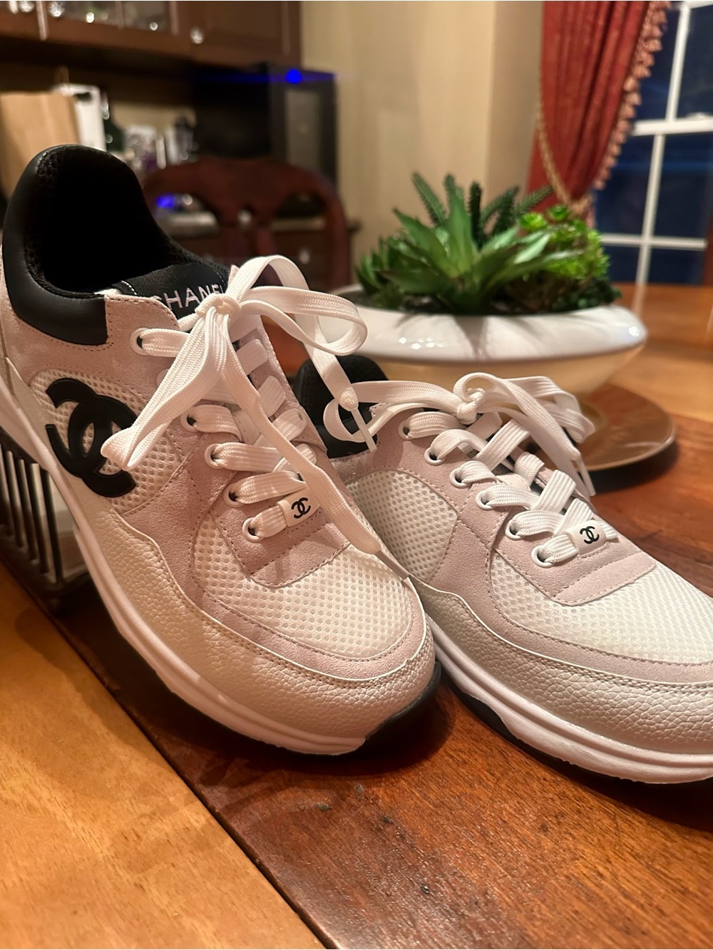 FASHION White, Beige & Black Lace-Up Logo Sneakers - Picture 2 of 7
